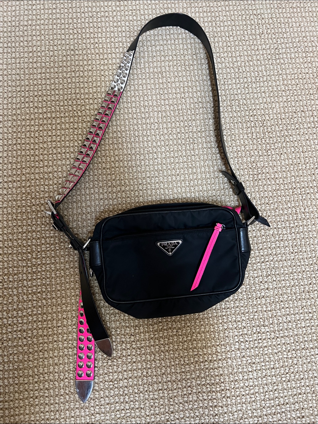 Prada Black Nylon Crossbody Bag With Pink Studded Strap Accent